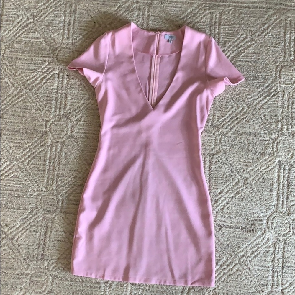 Deep V lilac dress.